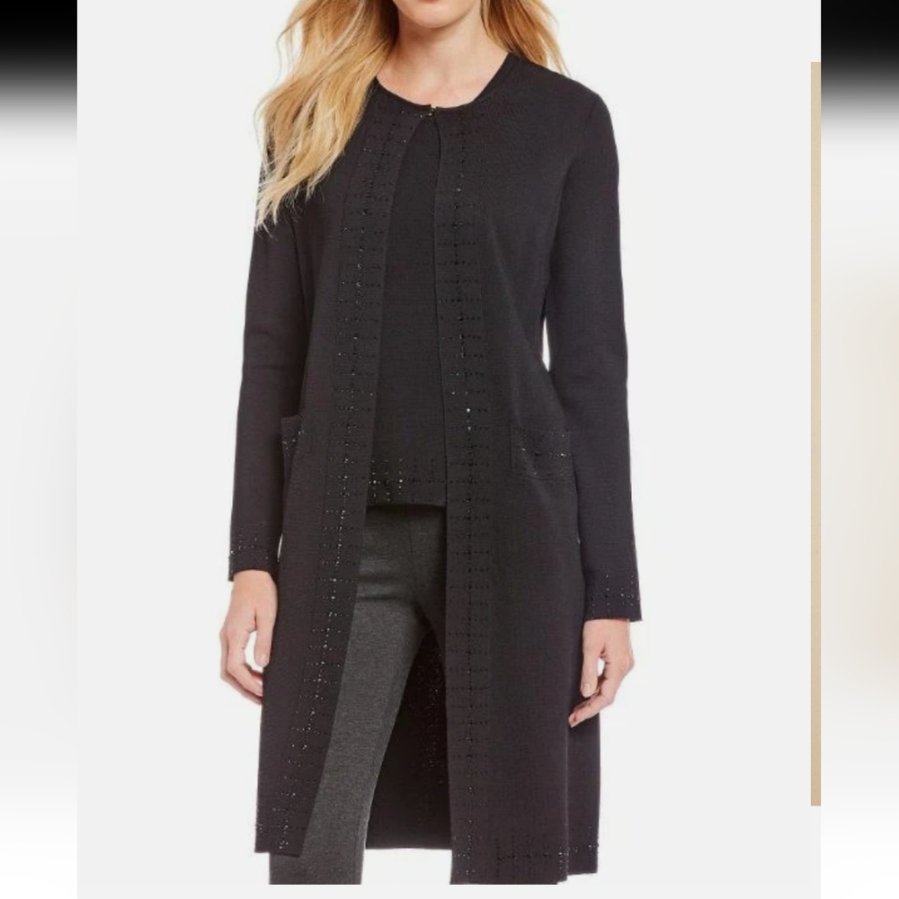New 🆕 Calvin Klein Black Long Knit Cardigan Embellished Fine Gauge